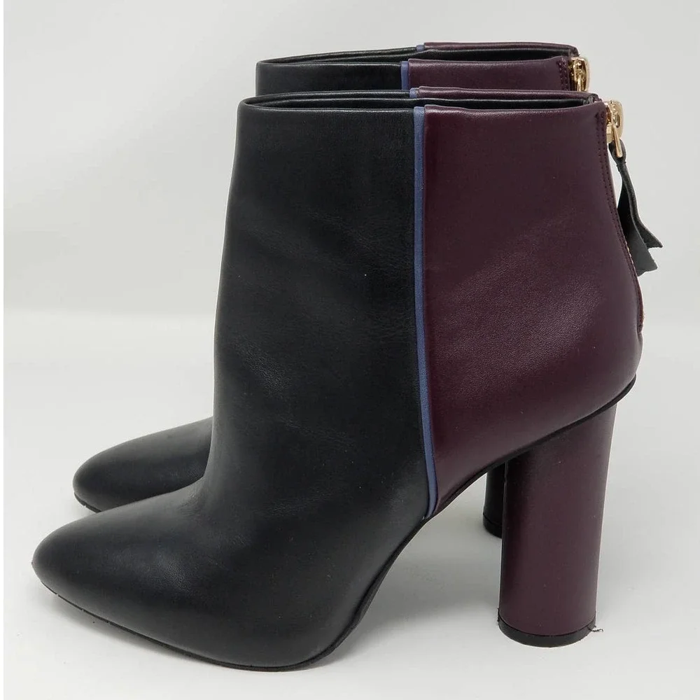 Cabi Bisset Bootie Size 8 Ankle Boots Block Heels Back Zip Two Tone Black Purple